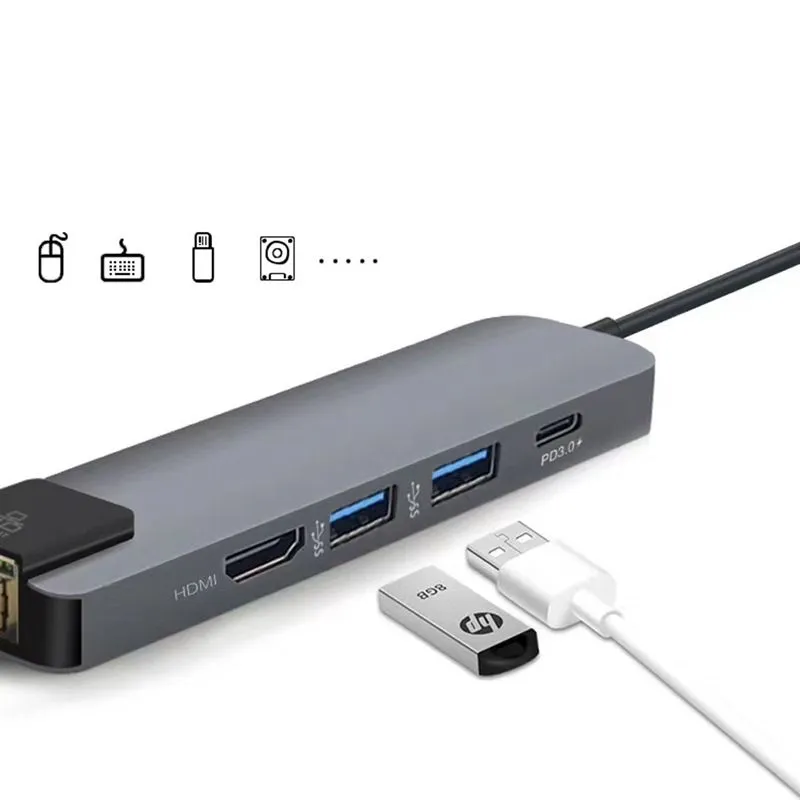 usb c to hdmi+usb3.0+rj45+pd adapter 5 in 1 multi port gigabit lan support 4k aluminum alloy dock hub station