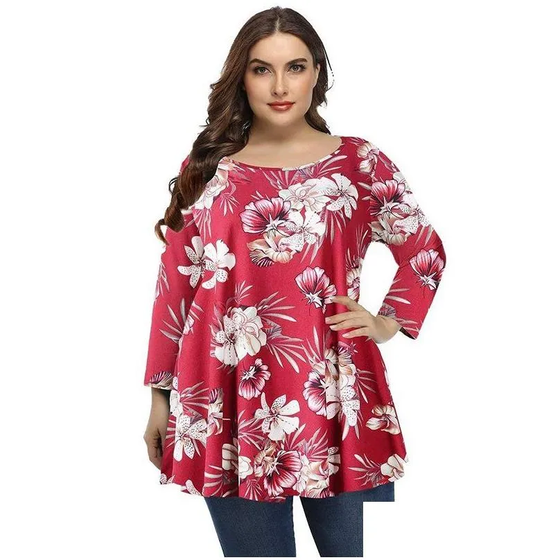 4xl 5XL Plus Size Tops Women 2021 Spring Autumn O Neck Lg Sleeve Tie Dye Print Retro Vintage Blouse Loose Big Size Lg Blouse J2B4#