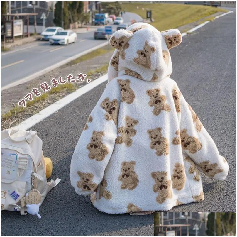 HWLZLTZHT Soft Sister Small  Cute Bear Jacket Kawaii Loose Coat Long Sleeve Winter Student College style Japanese Jacket 201029