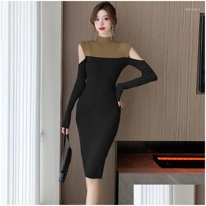 Casual Dresses Autumn Winter Solid Knitted Patchwork Hollow Out Sexy Dress Women Elegant Bodycon Long 2024 Korean Fashion Luxury