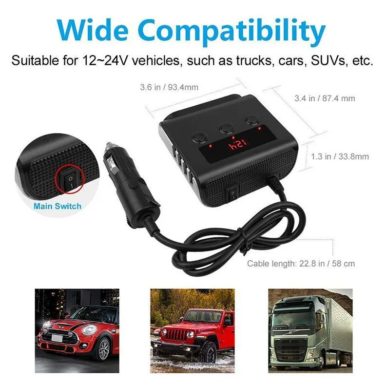 Car Holder Tr12 4Usb  Cigarette Lighter Mti Socket Triple Splitter With Switch Voltage Display Adapter 100W Drop Delivery Autom