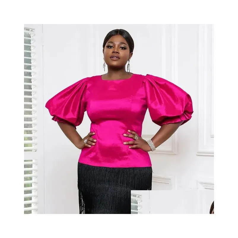 plus Size Cute Pink Blouse Tops for Women Summer Shiny Ruffles Lantern Sleeve Sweet Shirt Elegant Office Wear Trendy Clothes Y7HE#