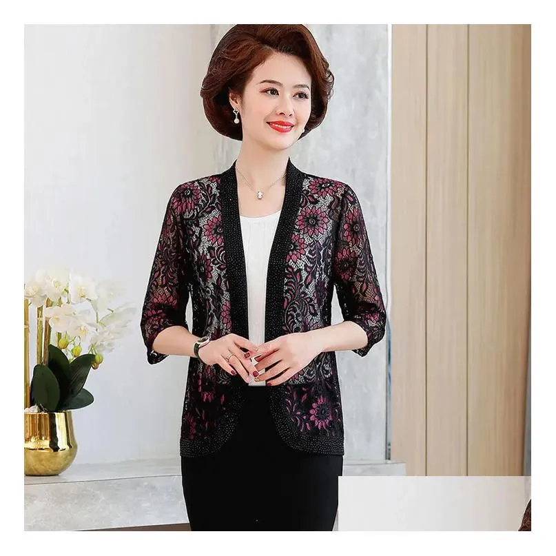 Lace Cardigan Women Open Stitch Shirts Summer Outer Drape Sunscreen Tops Middle Age Mother Thin Coats 201029