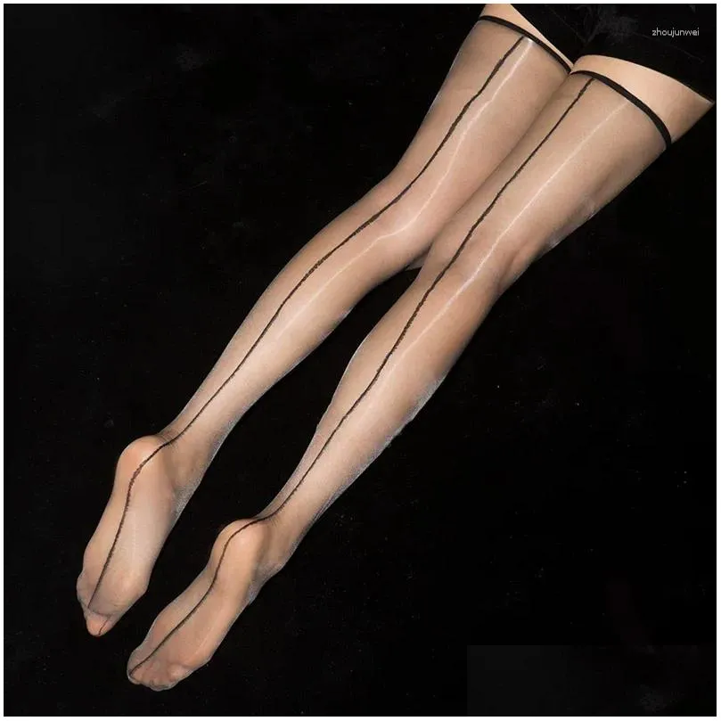 Women Socks Woman Ultra Thin Sexy Oil Shinny Retro Backline Stockings 1D Transparent Seamed Thigh High Long Nylon Shine Medias