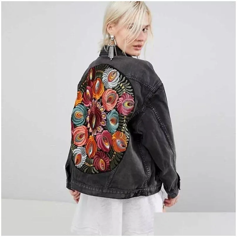 Women`s Jackets JSXDHK Streetwear Floral Embroidery Denim Jacket Coat Vintage Women Spring Autumn Turn Down Collar Loose Casual  Outwear