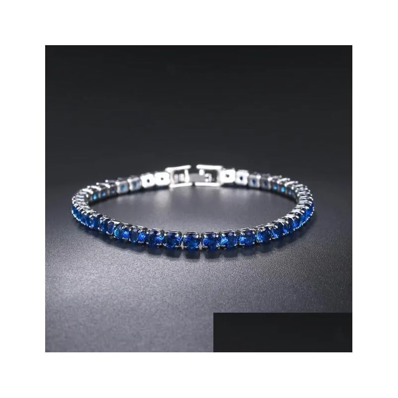 Women Bracelet Men Blue Emerald Pink Cubic Zirconia Hiphop Sier Gold Plated Jewelry Diamond One Row Hip Hop 4Mm Crystal