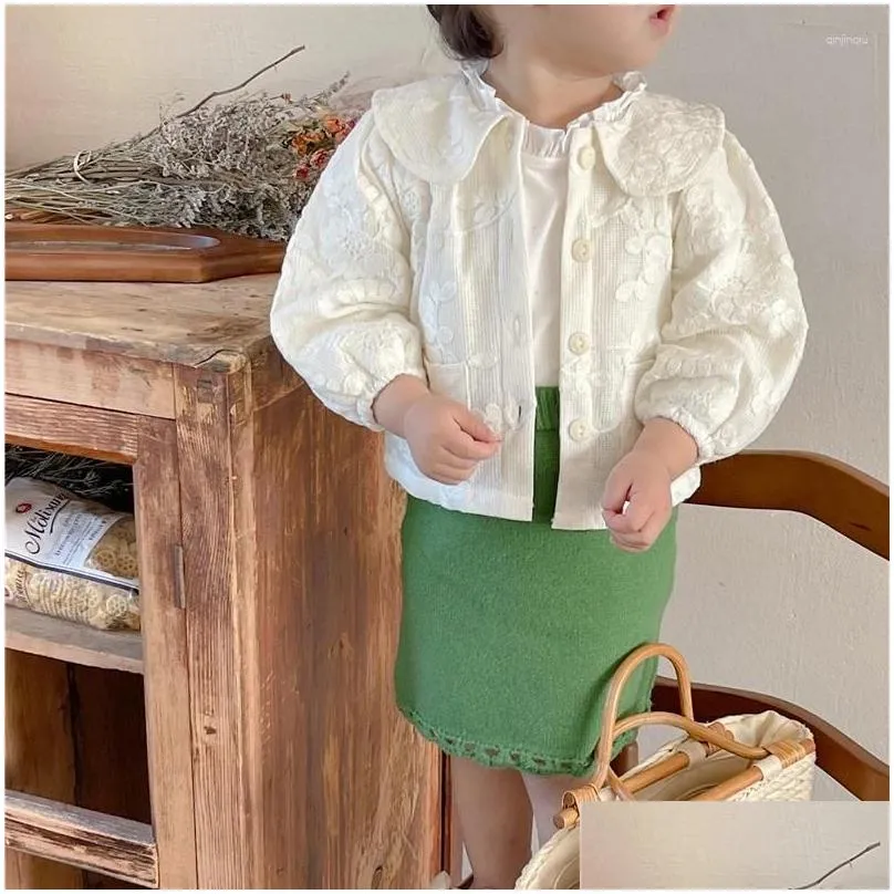 Jackets 5088C Children`s Coat 2024 Spring Autumn Lapel Embroidery Jacquard Girl Doll Collar Jacket Sweet Outerwear