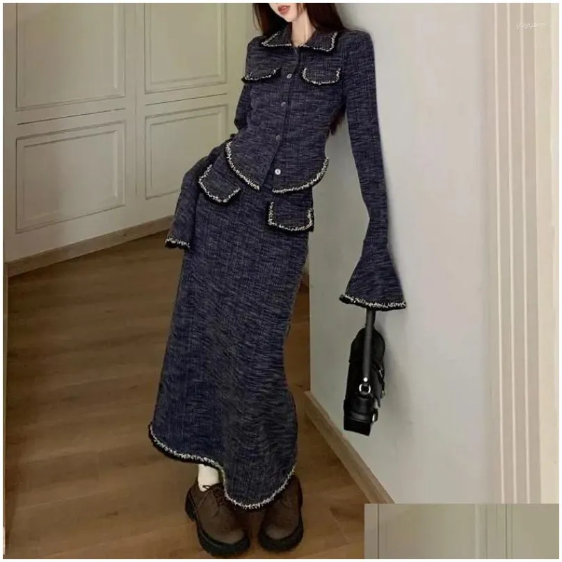 Work Dresses Vintage Korean Retro High Street Patchwork Knit Sweater Cardigan Long Skirt Suit 2 Pieces Sets Y2k