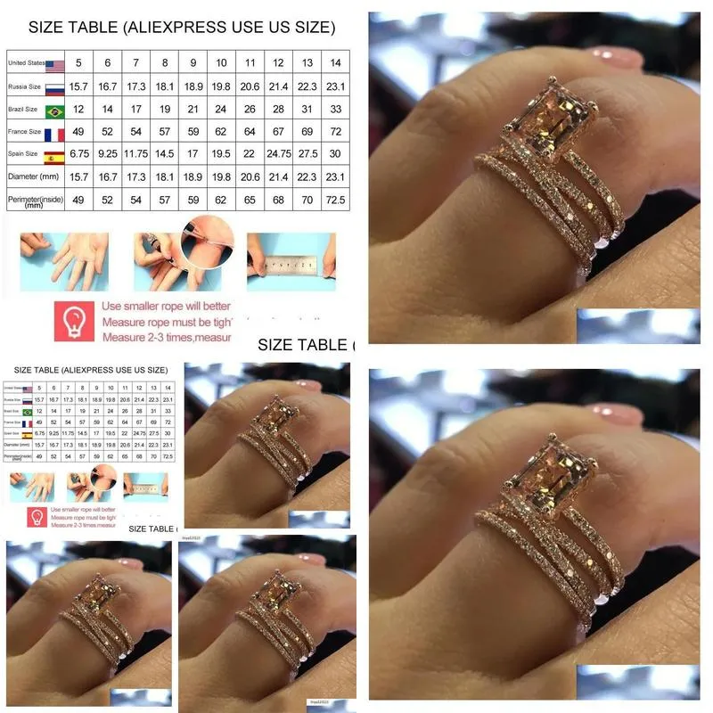 Fashion Multilayer Morganite Rings Rose Gold Color Wedding Jewelry Champagne crystal stone Ring Bague for Women Mother days Gifts