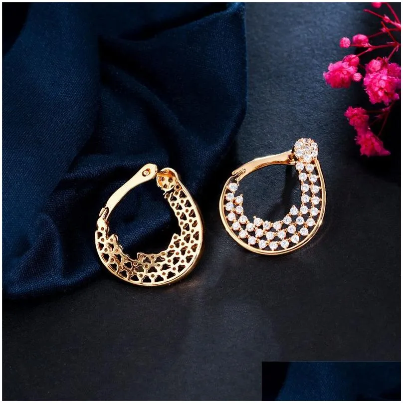 Hoop Huggie 18K Gold Plated Earring Designer For Woman Party Aaa Cubic Zirconia Water Drop Copper South American Jewelry White Cz W Dhu4E