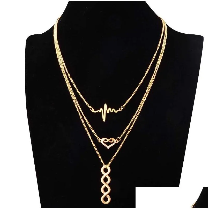 multi-layer necklace electrocardiogram collar lucky 8 tassel chain necklace