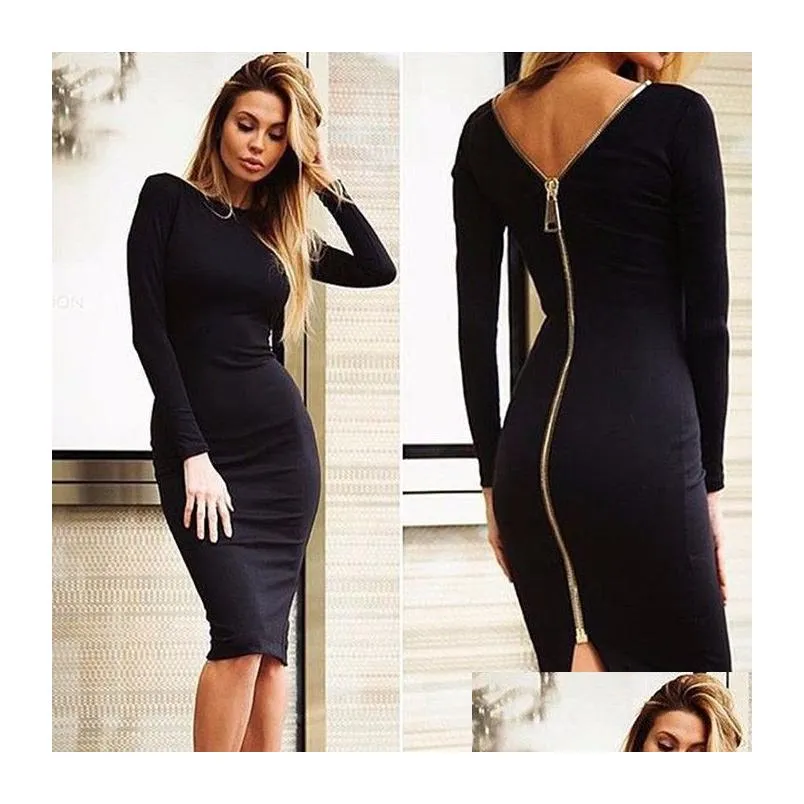 Gamiss Bodycon Sheath Dress Long Sleeve Party Sexy Dresses Women Clothing Back Full Zipper Robe Sexy Pencil Tight Dress Vestidos