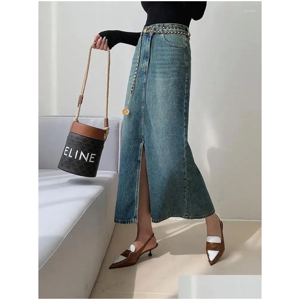 Skirts Long Denim Skirt Vintage Classic Split Straight Jeans Spring Summer 2024