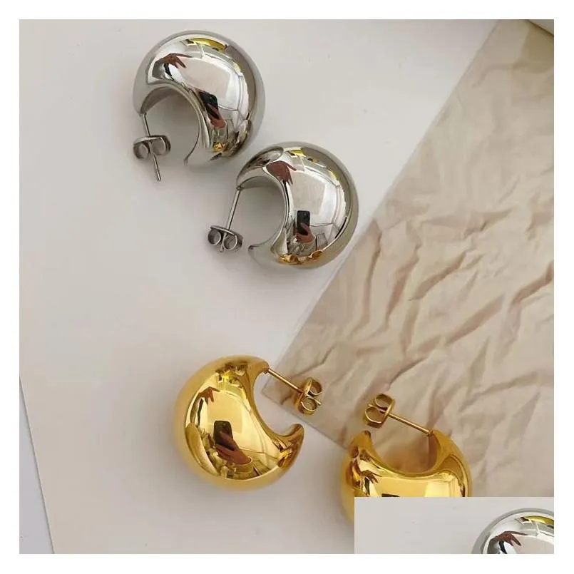 Stud Gold Hoop Earrings For Women Designer Half Moon Sphere Thick Chunky Ladies Stainless Steel Sier Earring 925 Jewelry Drop Deliver Otnp4