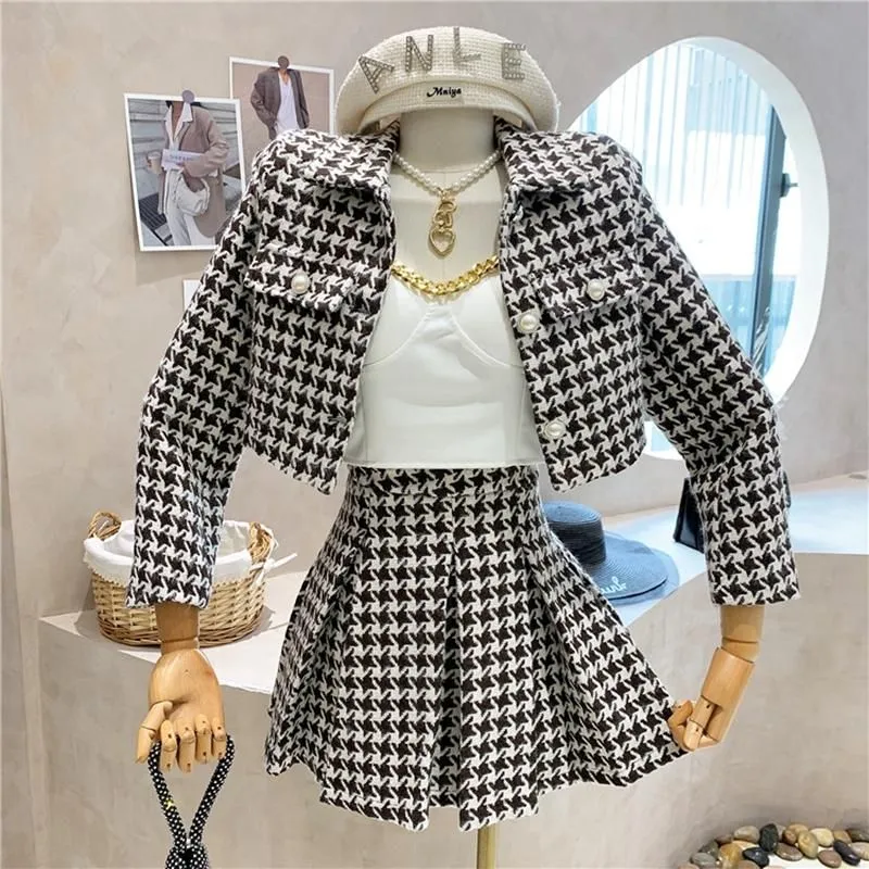 Work Dresses Vintage Tweed Two Piece Set Women Crop Top Woolen Short Jacket Coat + Mini Skirts Sets Sweet 2 Suits Ensemble Femme