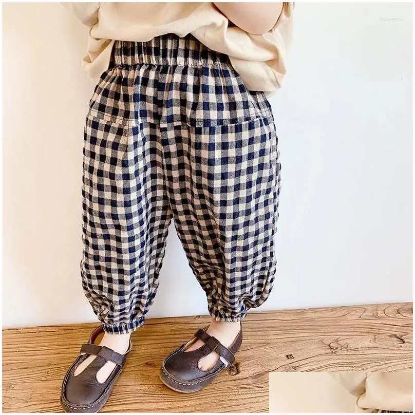 Trousers Girls` Spring Plaid Pants Style Children`s Loose Tight Korean Casual Cotton And Linen