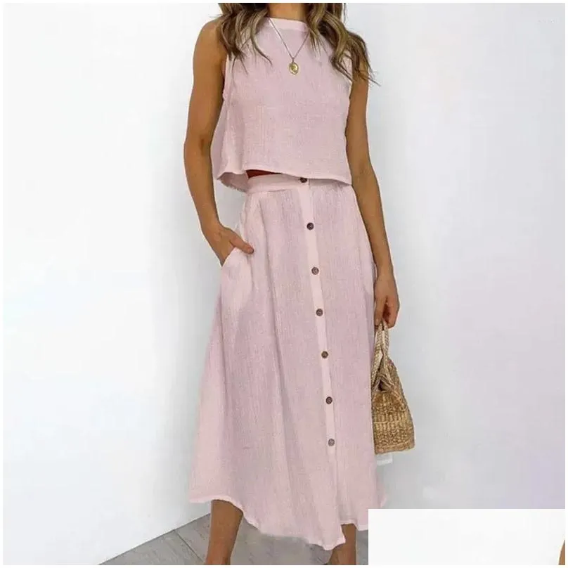 Work Dresses 2Pcs/Set Crew Neck Side Pockets Single Breasted Casual Outfit Solid Color Short Vest Midi Skirt Set Female Clothing