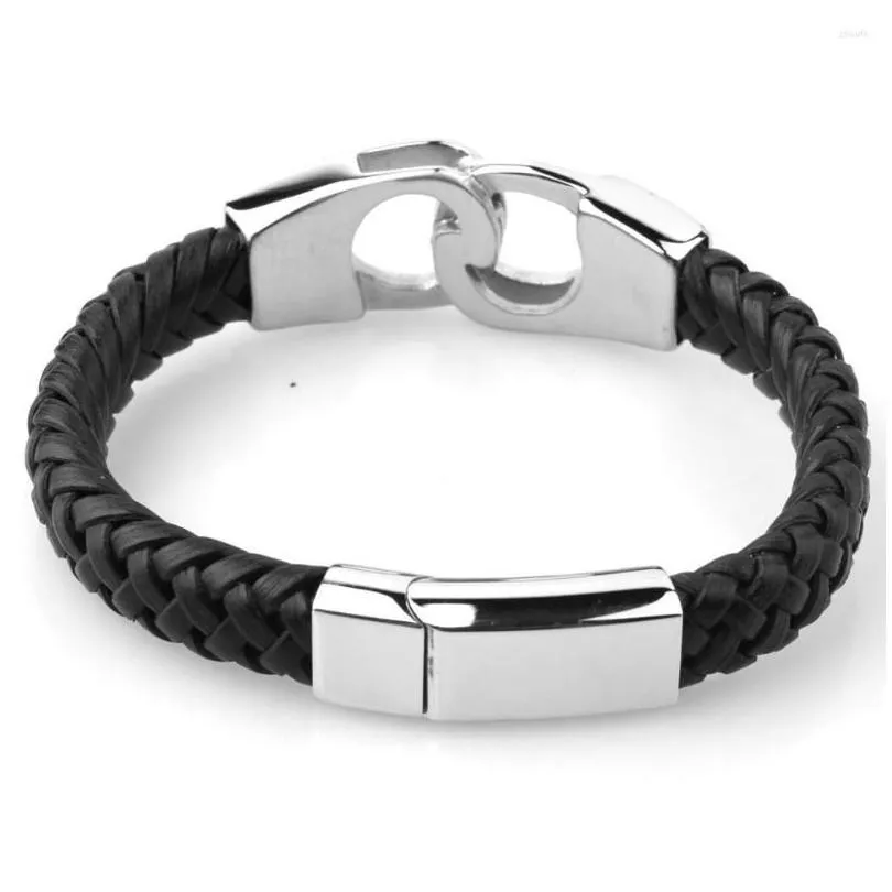 Charm Bracelets Top Quality Stainless Steel Handcuffs Bracelet Pulsera Hombre Handmade Braided Black Genuine Leather Jewellery