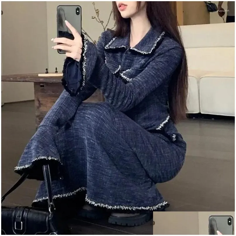 Work Dresses Vintage Korean Retro High Street Patchwork Knit Sweater Cardigan Long Skirt Suit 2 Pieces Sets Y2k