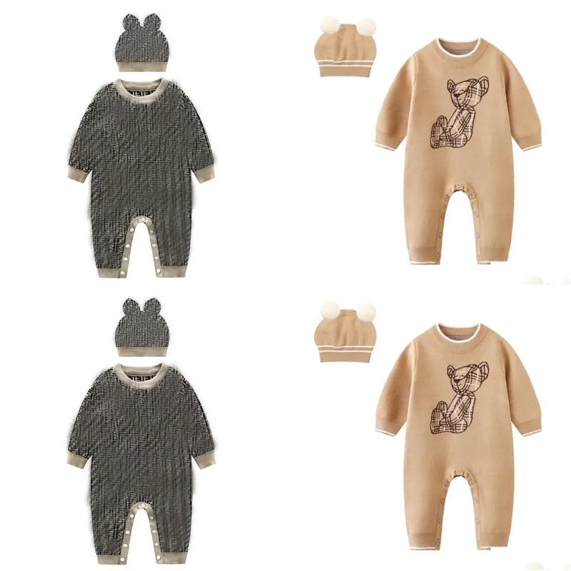 Luxury Designer Rompers Newborn Clothes Winter Warm Wool Knitted Bodysuit Baby Boys Jumpsuit Toddler Infant Rompers Hat 2pcs