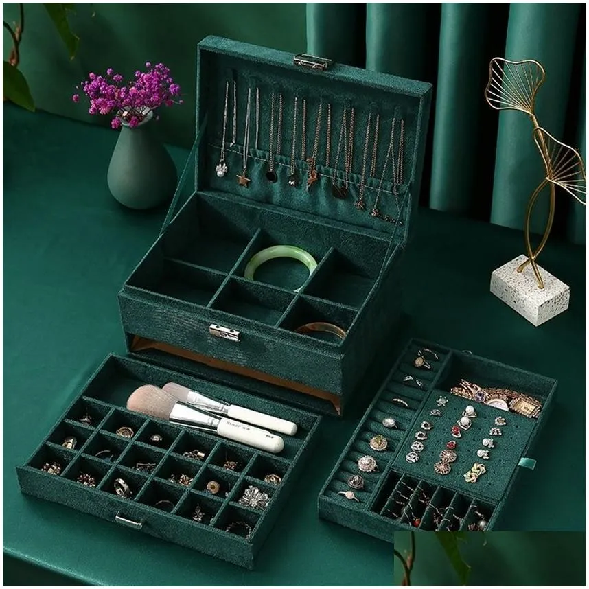 Jewelry Boxes 3-Layers Green Veet Organizer Large Capacity Ring Necklace Makeup Holder Cases Box For Women With Lock Drop Delivery Dhtmj