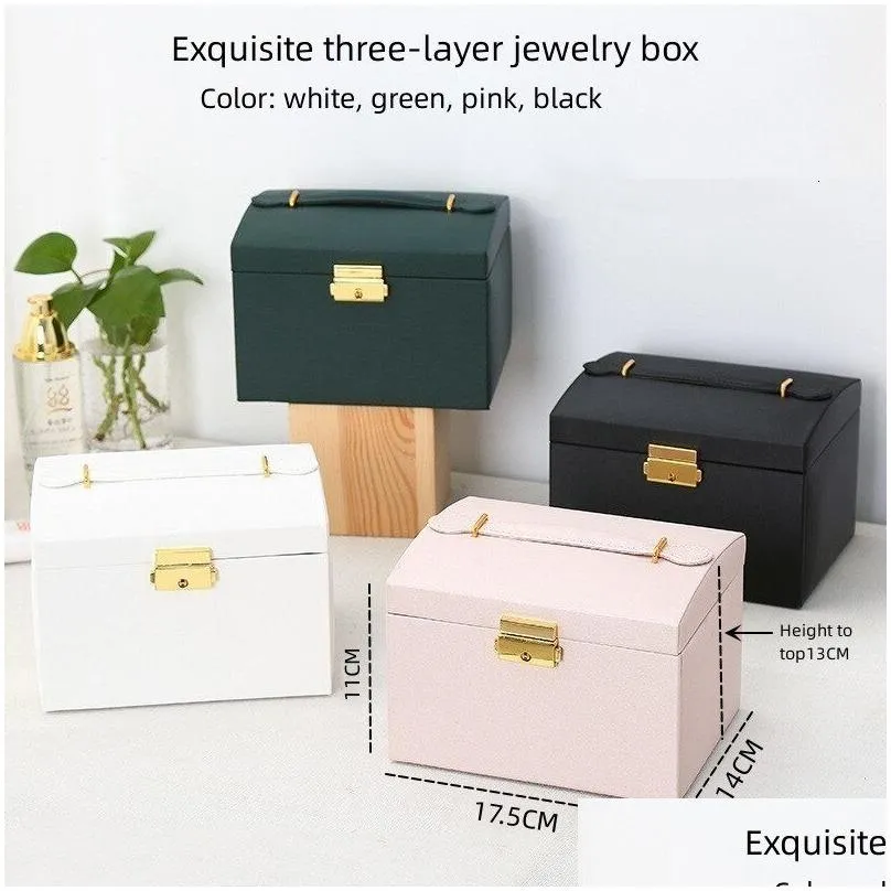 Jewelry Boxes 1Pcs Mti Functional Three Layer Leather Der Style Box Earrings Lock 230505 Drop Delivery Dhzro