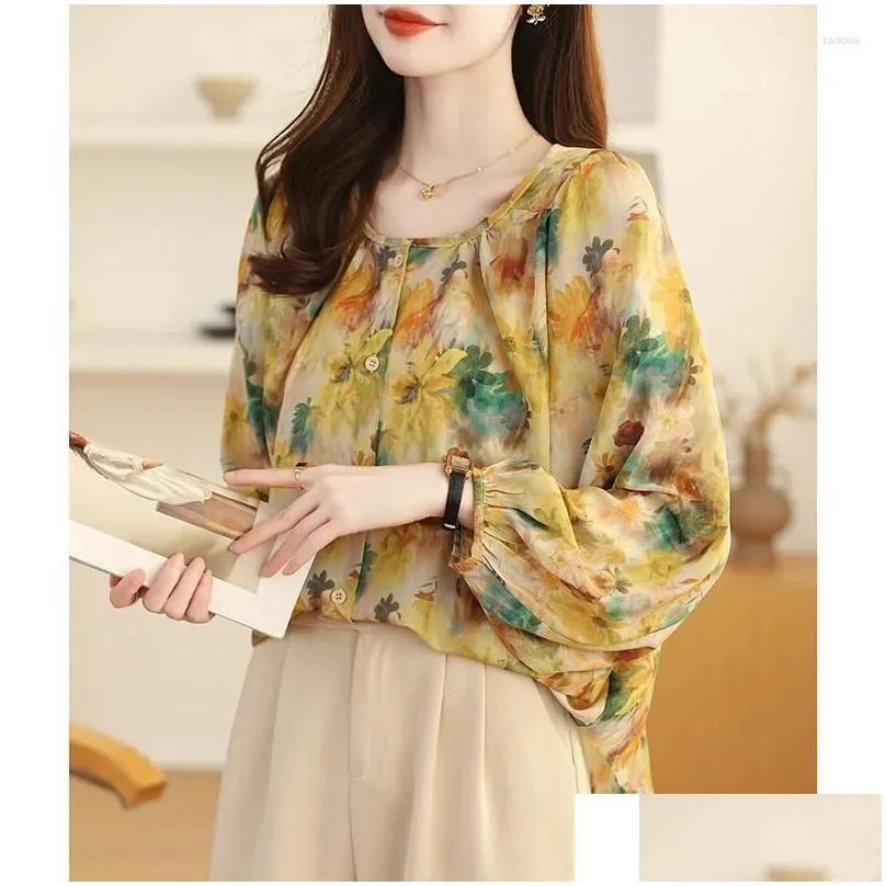 Women`s Blouses Printed Chiffon Blouse 2024 Summer Female Clothing O-neck Loose Oversized Shirt OL Vintage Nine Quarter Shirts Women