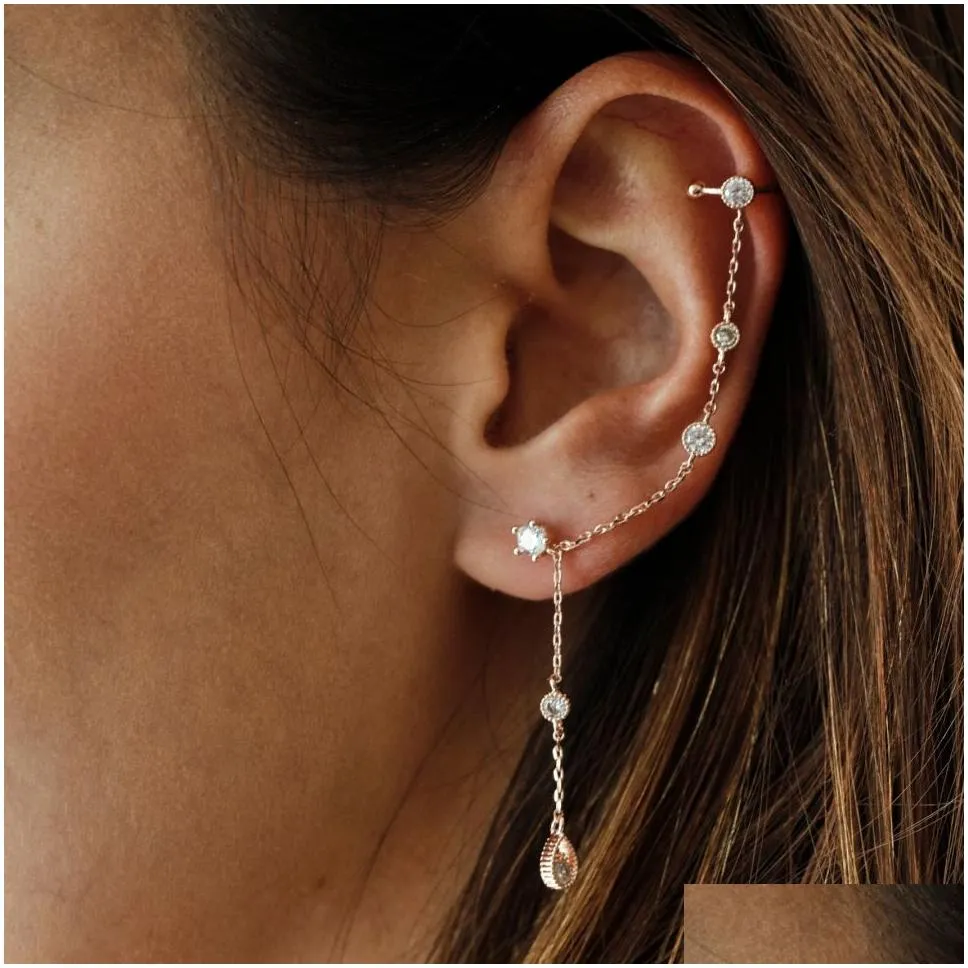 Whole-elegance tassel earring for women 925 sterling silver single cz stud circle ear cuff link chain gorgeous european women 251h