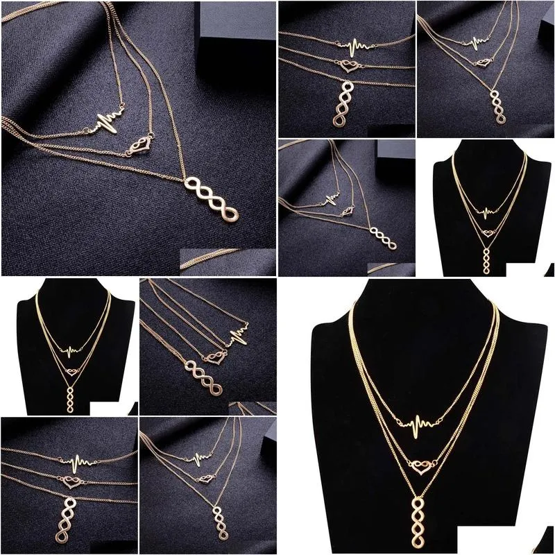 multi-layer necklace electrocardiogram collar lucky 8 tassel chain necklace