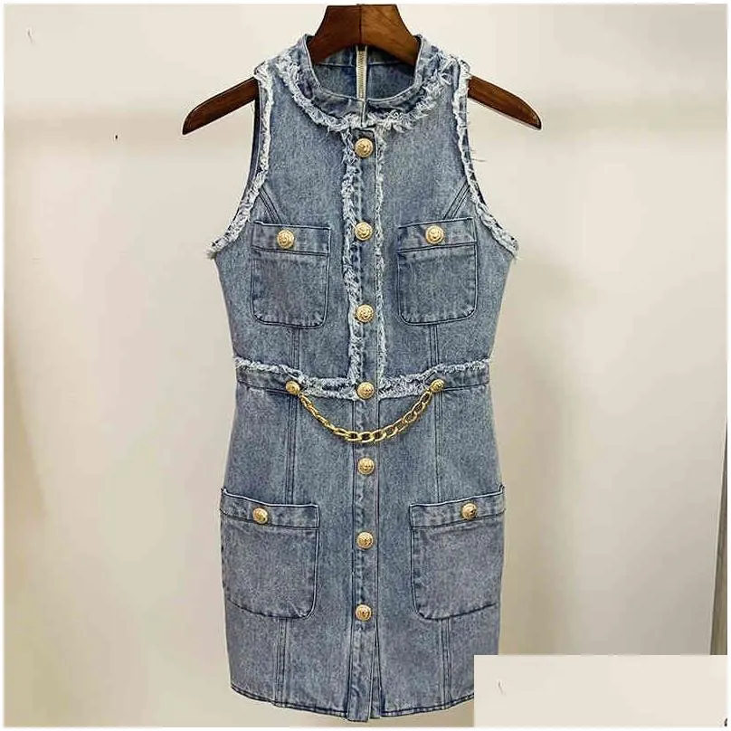 HIGH STREET est Designer Summer Dress Women`s Sleeveless Tassel Fringed  Buttons Denim 210521