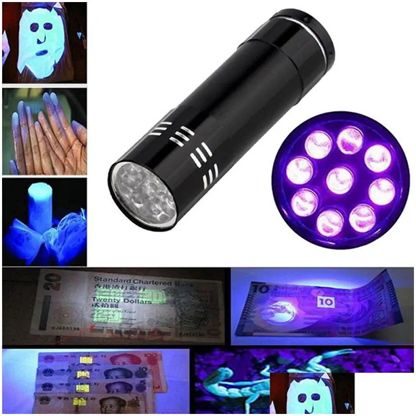 mini uv led flashlight violet light 9led torch lamp battery ultraviolet flash light for anti-fake money detector urine scorpion