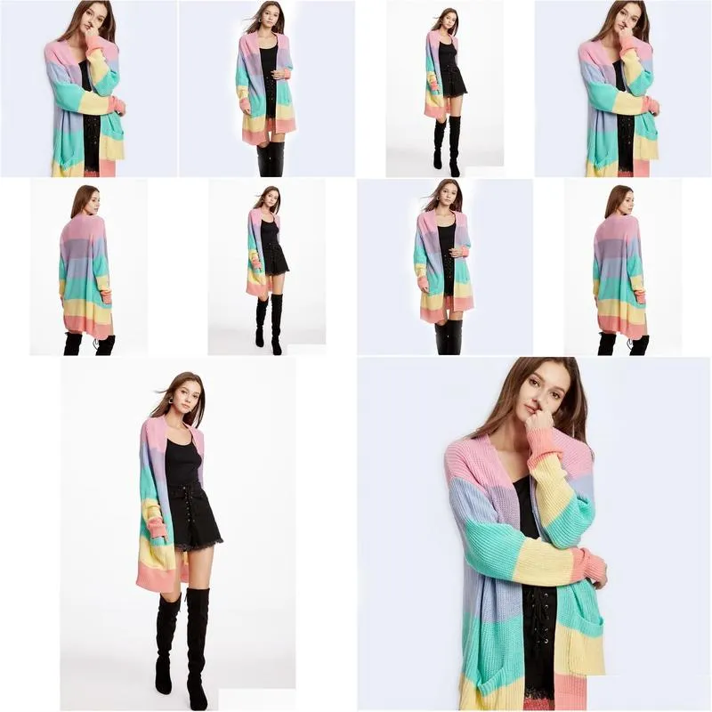 Womens elegant Loose Sweater Yellow Casual Coat Women Rainbow striped long cardigan female Autumn Winter knitted sweater Jacket 201221