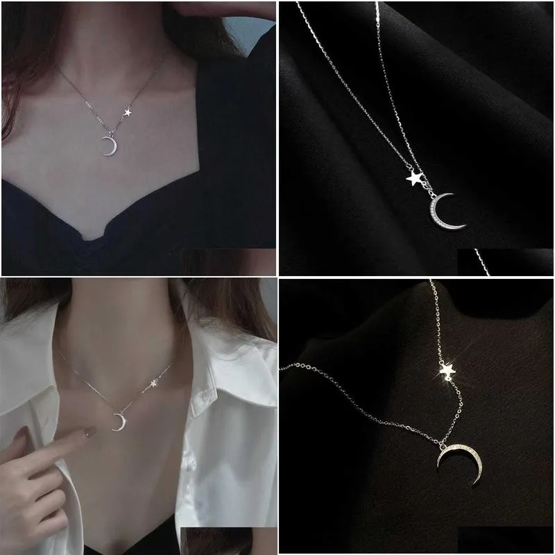 Chains 925 Sterling Sier Moon Pendant Necklace Woman Simple Clavicle Chain Shiny Zircon Collar Gift For Girls Exquisite Jewelry L23070 Dhp2I