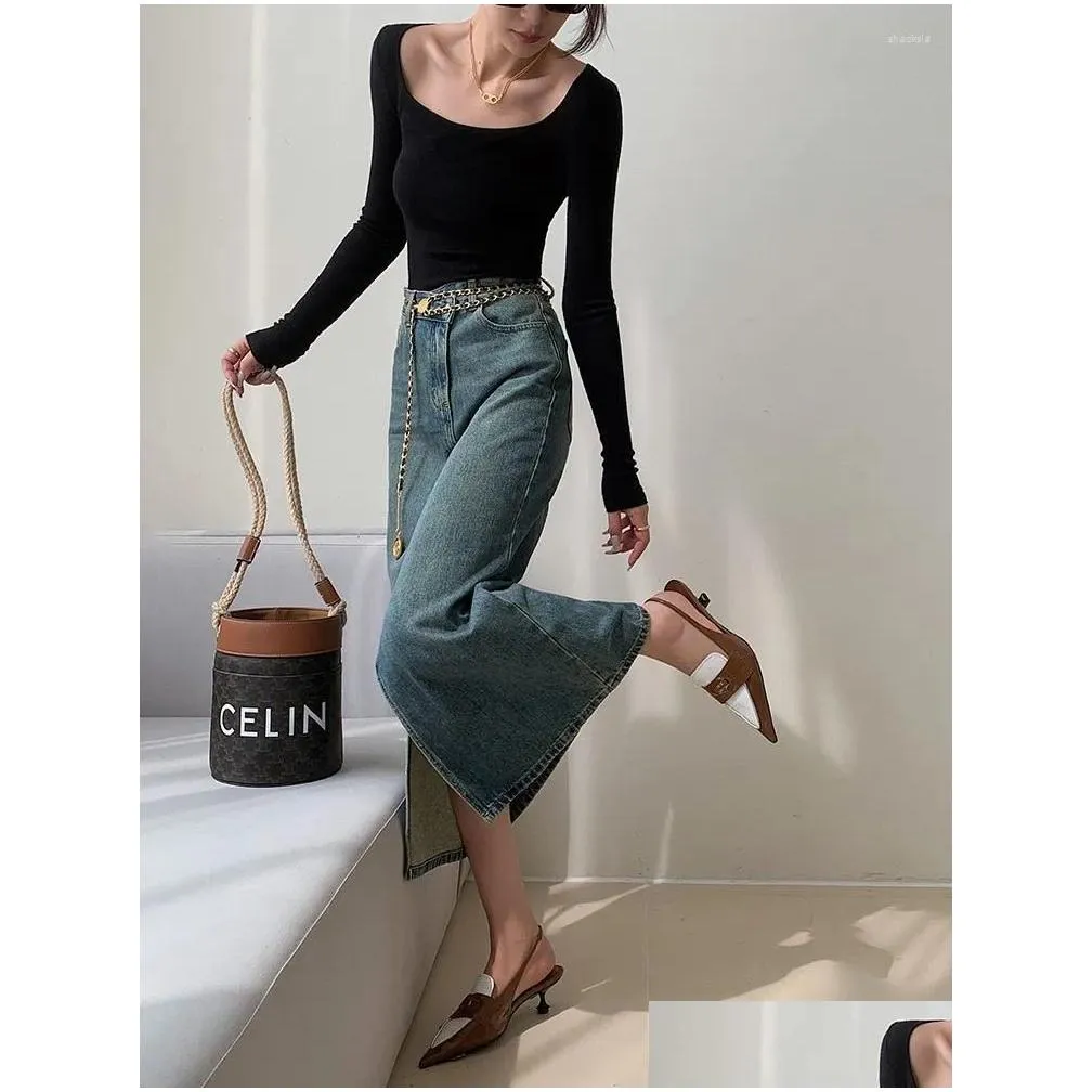 Skirts Long Denim Skirt Vintage Classic Split Straight Jeans Spring Summer 2024
