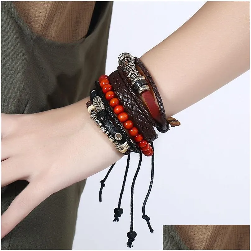 vintage punk bracelets fashion alloy genuine leather bangles men leaf beads strands for jewelry multilayer braided wrap charm bracelet