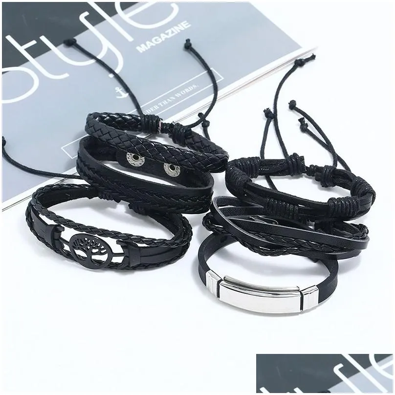 tree of life bracelet woven wrap multilayer genuine leather bangle men hand rope chain fashion alloy women braided charm jewelry black