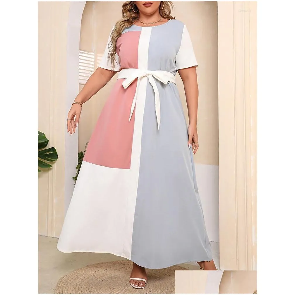 Plus Size Dresses Dress For Women 2022 Fashion Summer Short Sleeve Contrast Multicolor Elegant Belted Loose Maxi Long