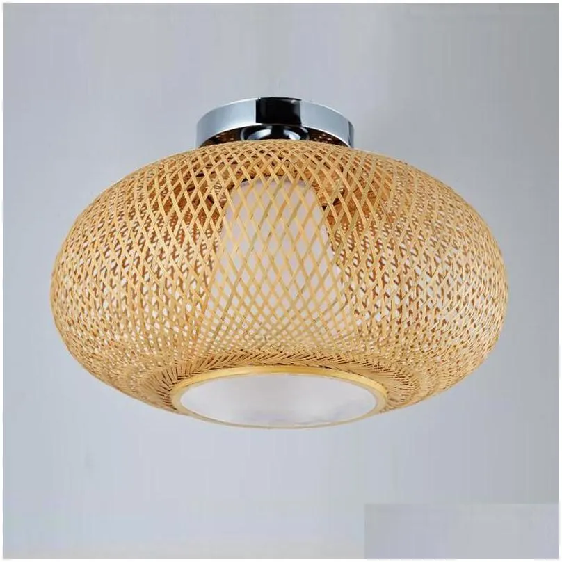 Ceiling Lights 32/40/50Cm Bamboo Wicker Rattan Round Woven Lighting Fixture Natural Japanese Country Vintage F Mount Plafon Lamp Drop Dhf28