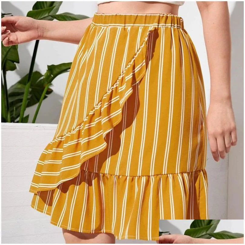 plus Size Elastic Waist Summer Elegant Floral Skirt Women Ruffle Trim Casual Midi Stripe Skirt Female Large Size Boho Skirt 7XL q6tP#