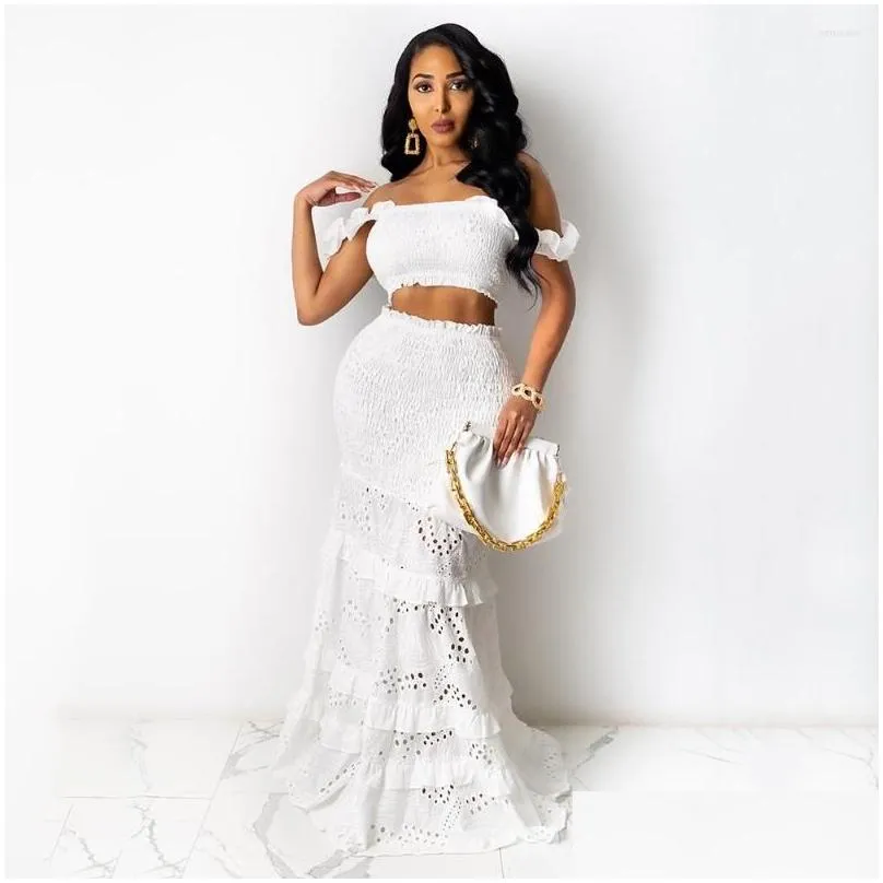 Work Dresses Summer Women Outfits White Maxi Long Skirt Two-piece Set Crop Tops Fishtail Lace Hollow High Waist Sexy Party Matching