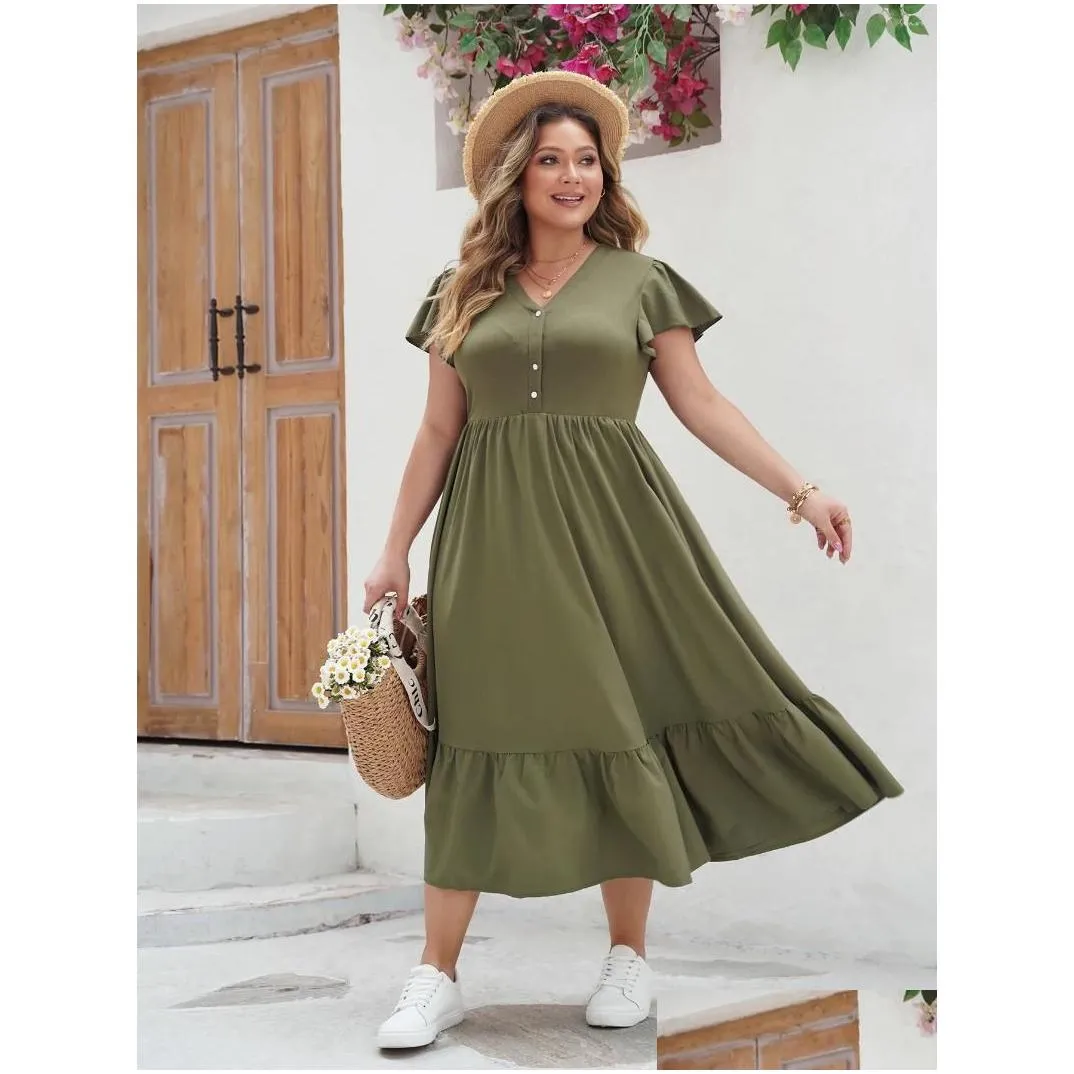Plus Size Dresses Women Clothing 2024 Summer V-Neck Short Sleeve Pleated Solid Color Casual Midi Dress Hem Elegant