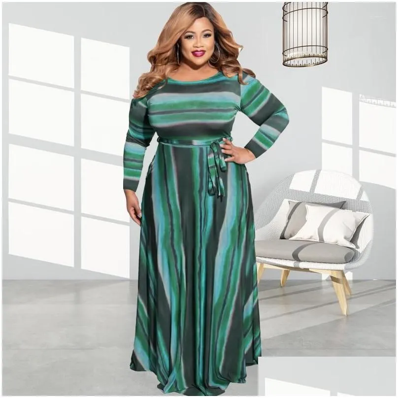 Dresses Plus Size Dresses Women 5xl Dress Striped Print Elegant 2022 Autumn Lady Bandage Belt Party Gown Female Luxury Designer