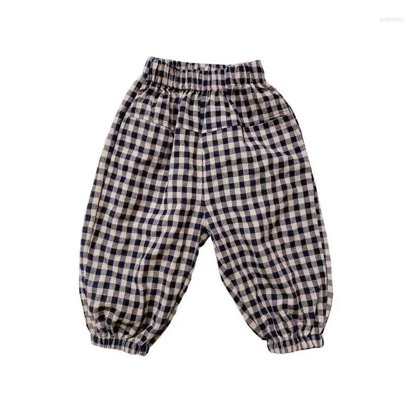 Trousers Girls` Spring Plaid Pants Style Children`s Loose Tight Korean Casual Cotton And Linen