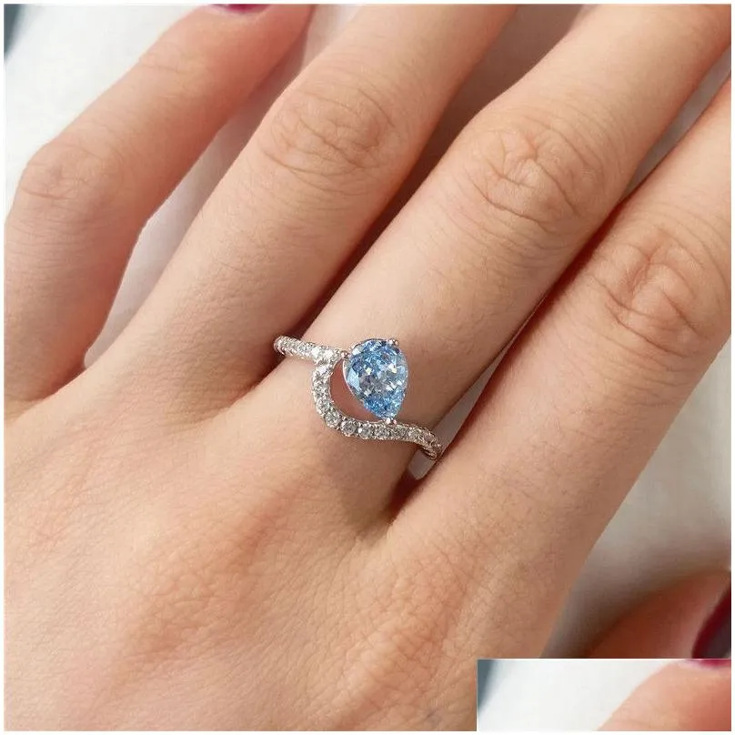 Wedding Rings Fashion 8A Zirconia Water Drop S925 Sterling Sier Ring Designer For Woman Pink Blue Love Engagement Gold Diamond Luxur Dhqms