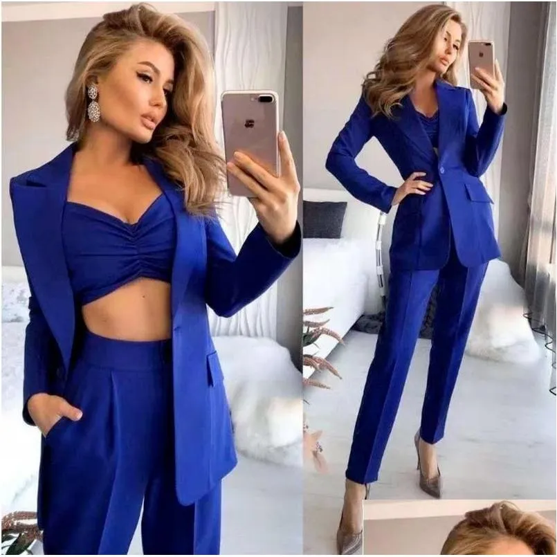 Women`s Two Piece Pants Women Suit Commuter Wrapped Chest Thinner Mid-length Long-sleeved Small Harem Trousers Loose Solid Color