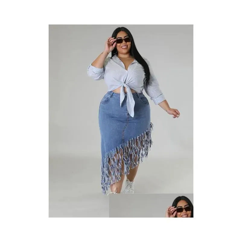 wmstar Plus Size Only Skirts Women`s Clothing Denim Maxi with Tassel Sexy Bodyc New In Outfits Wholesale Dropship 2023 o47q#