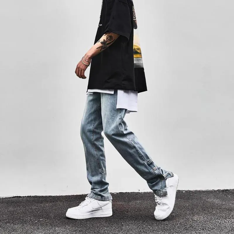 Men`s Jeans High Street Vibe Men Light Blue Slim-fit Trendy Hip Hop Pants Flare Wide Leg Side Slit Buttons Male Trousers