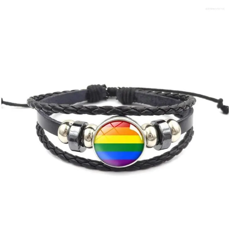 Charm Bracelets Lgbt Leather Bracelet Gay Pride Rainbow Glass Snap Button Handmade Wrap Braided Pu Lesbian Biual Jewelry Drop Deliver Dhva8