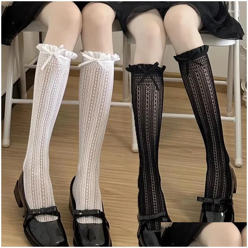 Women Socks Black White Lace Fishnet Girls Sexy Hollow Mesh Mid-calf Sock Lingerie JK Lolita Stockings Floral Bow Long Hosiery