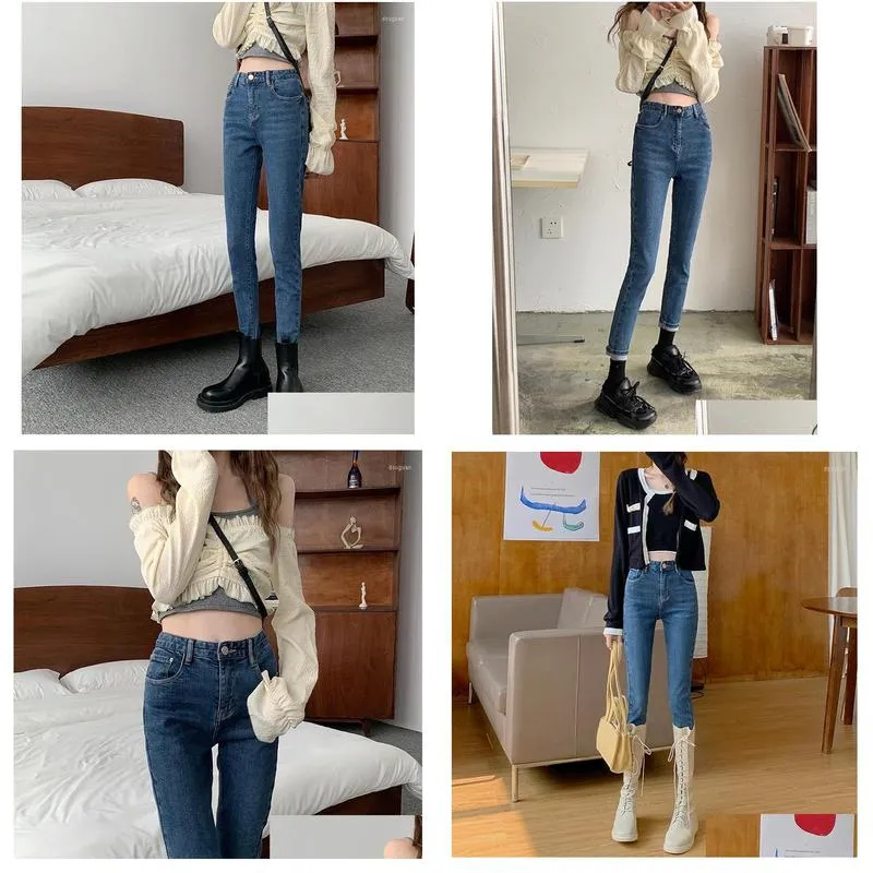 Women`s T Shirts GBB1429 Fried Street Skinny Jeans Women`s Autumn And Winter 2022 Vintage High Waist Slim Elastic Pencil Pants